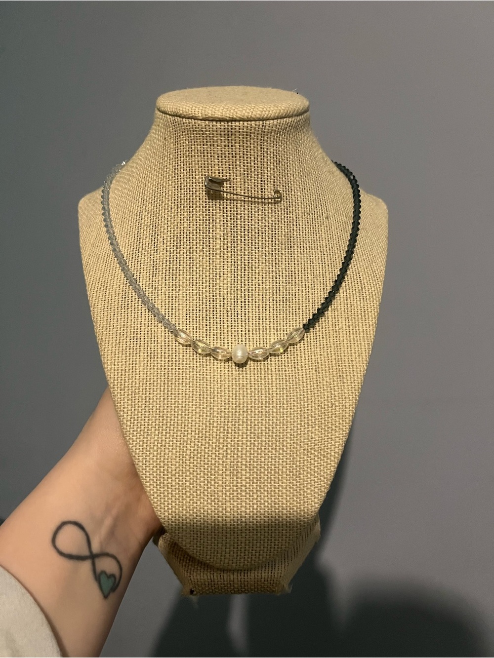 #115. Handmade Two-Tone Black and Clear Beaded Necklace with Pearl Accent